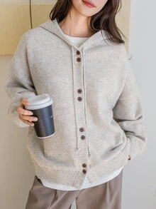 Dazy-Less Solid Color Hooded Sweatshirt Knit Sweatshirt Old Money Style,Fall Clothes Sweatshirt - Grey - View 12