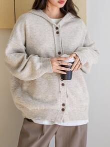 Dazy-Less Solid Color Hooded Sweatshirt Knit Sweatshirt Old Money Style,Fall Clothes Sweatshirt - Grey - View 4