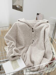 Dazy-Less Solid Color Hooded Sweatshirt Knit Sweatshirt Old Money Style,Fall Clothes Sweatshirt - Grey - View 7