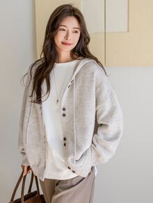 Dazy-Less Solid Color Hooded Sweatshirt Knit Sweatshirt Old Money Style,Fall Clothes Sweatshirt - Grey - View 1