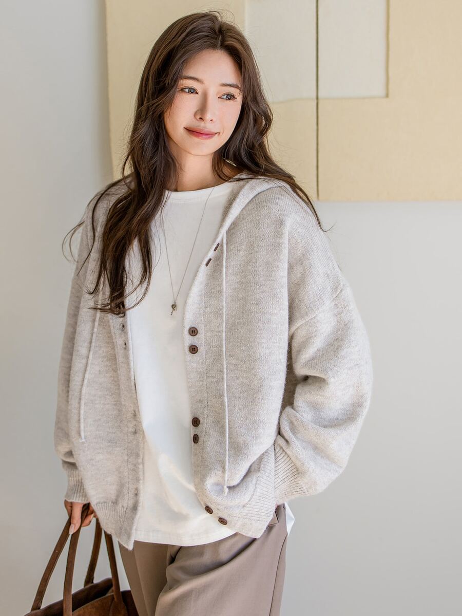 Dazy-Less Solid Color Hooded Sweatshirt Knit Sweatshirt Old Money Style,Fall Clothes Sweatshirt - Grey - View 1