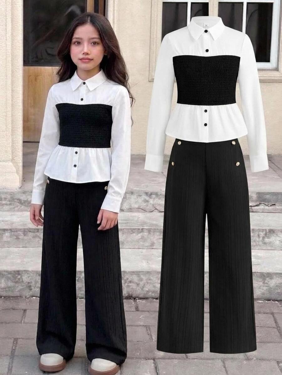 Girlism KIDS Tween Girls Black/White 2Pcs Shirt Set Long Sleeve Button Down Blouse & Pants Preppy Casual Graduation Outfit - Black and White - View 1