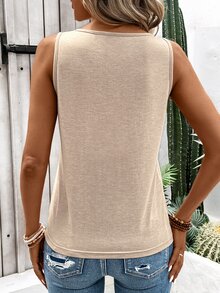 SHEIN LUNE 女士鑲孔領純色休閒春夏背心 - 卡其色 - 查看 2