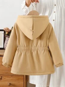 SHEIN Genkimix Kids 1件女童冬季新款棕色與白色格紋保暖內裡拉鍊外套，彈性腰部，連帽，加厚，百搭，簡約時尚，保暖戶外通勤夾克 - 卡其色 - 查看 2
