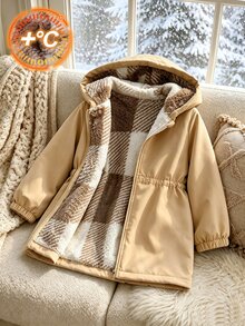SHEIN Genkimix Kids 1件女童冬季新款棕色與白色格紋保暖內裡拉鍊外套，彈性腰部，連帽，加厚，百搭，簡約時尚，保暖戶外通勤夾克 - 卡其色 - 查看 3