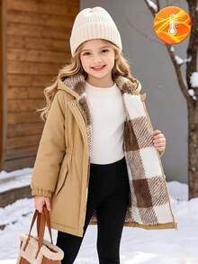 SHEIN Genkimix Kids 1件女童冬季新款棕色與白色格紋保暖內裡拉鍊外套，彈性腰部，連帽，加厚，百搭，簡約時尚，保暖戶外通勤夾克 - 卡其色 - 查看 1