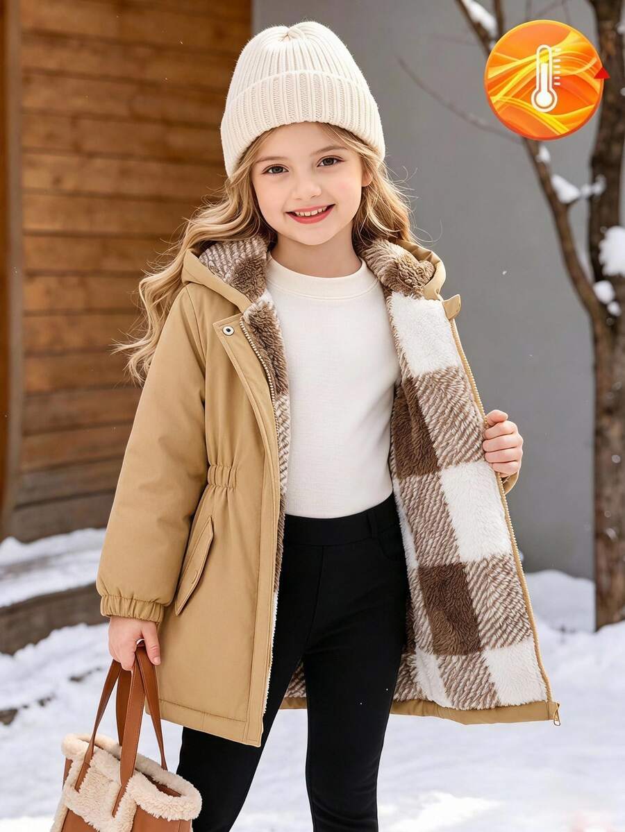 SHEIN Genkimix Kids 1件女童冬季新款棕色與白色格紋保暖內裡拉鍊外套,彈性腰部,連帽,加厚,百搭,簡約時尚,保暖戶外通勤夾克 - 卡其色 - 查看 1