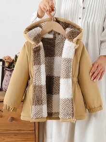 SHEIN Genkimix Kids 1件女童冬季新款棕色與白色格紋保暖內裡拉鍊外套，彈性腰部，連帽，加厚，百搭，簡約時尚，保暖戶外通勤夾克 - 卡其色 - 查看 4