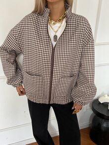 Livesso Tall Women's Stand Collar Plaid Loose Open Front Street Casual Regular Jacket Fall - Khaki - View 7