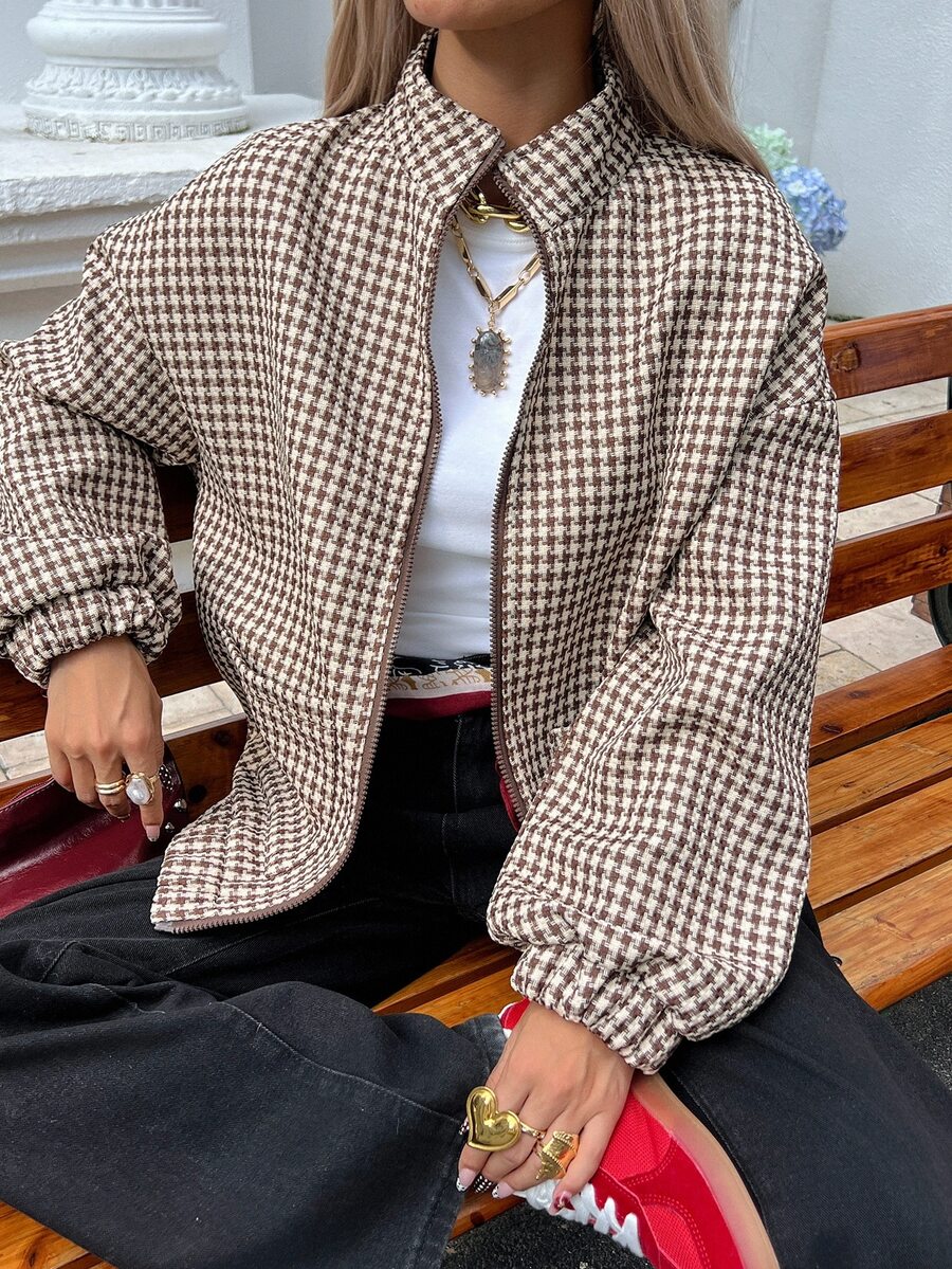Livesso Tall Women's Stand Collar Plaid Loose Open Front Street Casual Regular Jacket Fall - Khaki - View 1