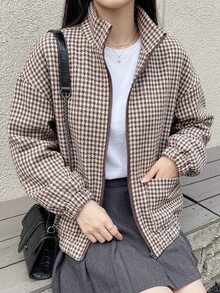 Livesso Tall Women's Stand Collar Plaid Loose Open Front Street Casual Regular Jacket Fall - Khaki - View 9