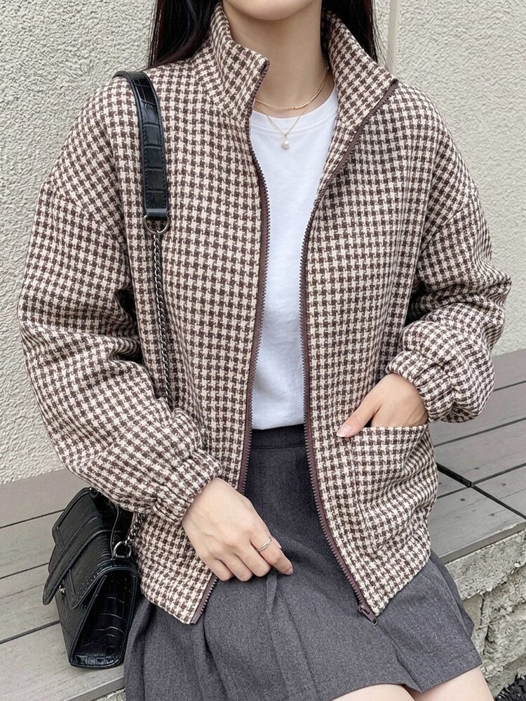 Livesso Tall 女款立領格紋寬鬆開襟街頭休閒正裝夾克外套 秋季 - 卡其色 - 查看 9