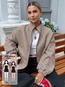 Livesso Tall Women's Stand Collar Plaid Loose Open Front Street Casual Regular Jacket Fall - Khaki - View 2