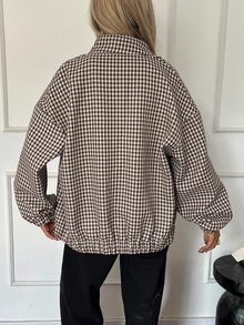 Livesso Tall Women's Stand Collar Plaid Loose Open Front Street Casual Regular Jacket Fall - Khaki - View 6