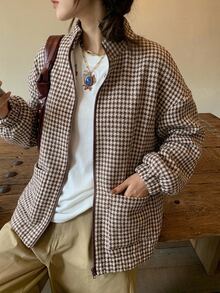 Livesso Tall Women's Stand Collar Plaid Loose Open Front Street Casual Regular Jacket Fall - Khaki - View 10