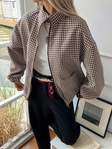 Livesso Tall Women's Stand Collar Plaid Loose Open Front Street Casual Regular Jacket Fall - Khaki - View 3