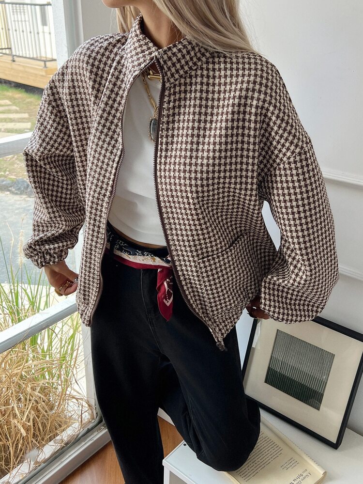 Livesso Tall 女款立領格紋寬鬆開襟街頭休閒正裝夾克外套 秋季 - 卡其色 - 查看 3