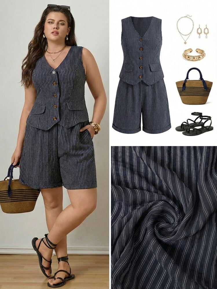 Comfylo Plus Size Striped Sleeveless Top And Shorts 2 Pieces Set For Women Navy Blue Summer Smart Casual Sexy Vacation Holiday Elegant Coords Office Brunch - Multicolor - View 7