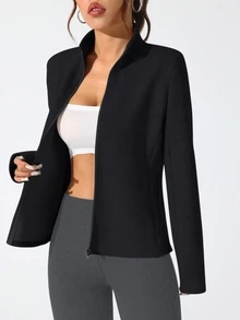 Dewbera Dewbera Casual Comfortable Solid Color Stand Collar Sports Jacket - Black - View 7