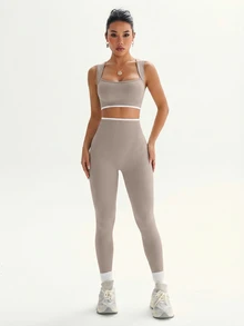 Dewbera Dewbera Women's Hem Cropped Tank Top And Leggings Sports Set - Apricot - View 8