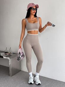 Dewbera Dewbera Women's Hem Cropped Tank Top And Leggings Sports Set - Apricot - View 2