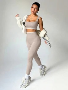 Dewbera Dewbera Women's Hem Cropped Tank Top And Leggings Sports Set - Apricot - View 4
