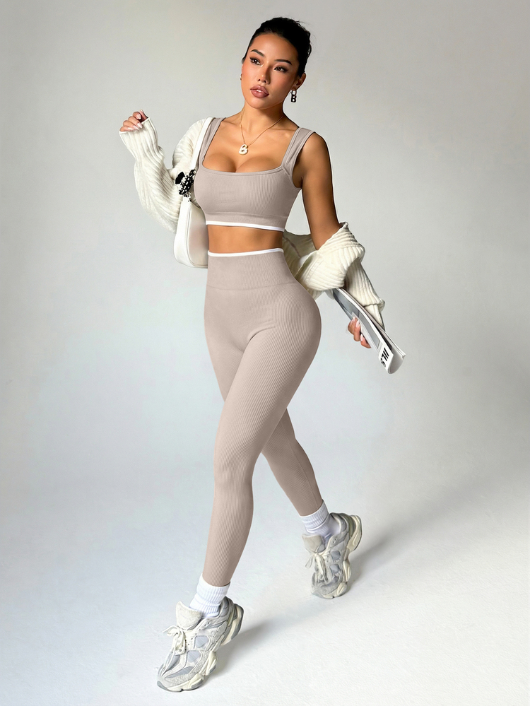 Dewbera Dewbera Women's Hem Cropped Tank Top And Leggings Sports Set - Apricot - View 3