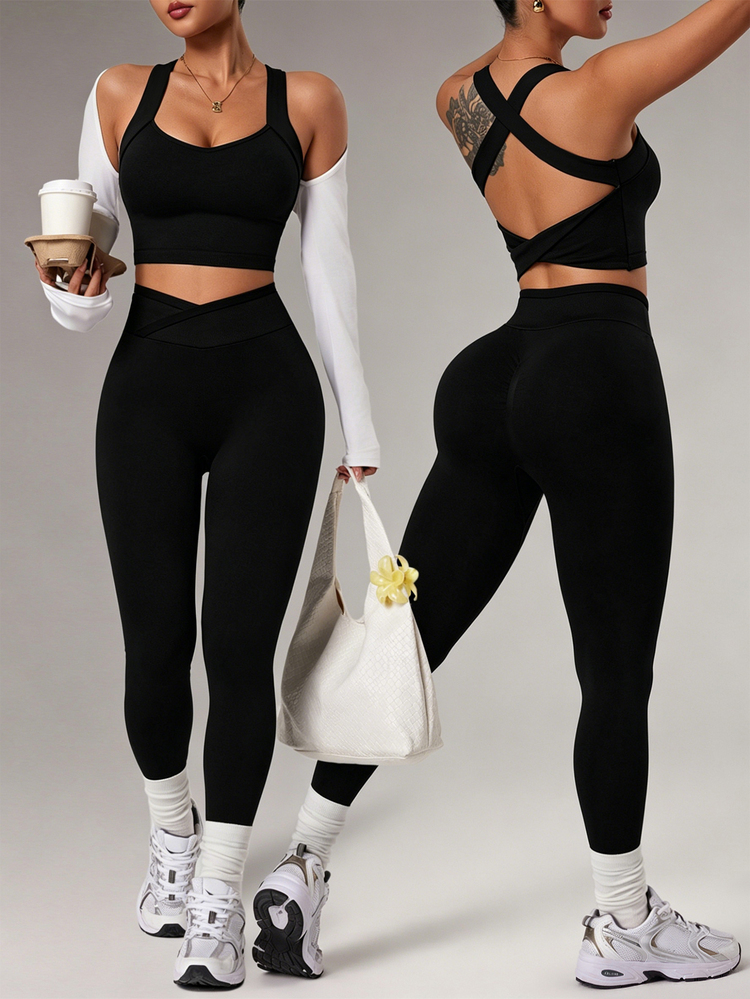 Dewbera Dewbera 1 Set Black Solid Color Trim Seamless Sports Outfit, Sleeveless Backless, Soft Comfortable Fit, Suitable For Workout, Running, Casual, Yoga - Black - View 3