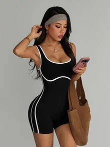Dewbera Dewbera Seamless Contrast Color Sports Sexy Athletic Jumpsuit Gym Black And White Summer - Black and White - View 8