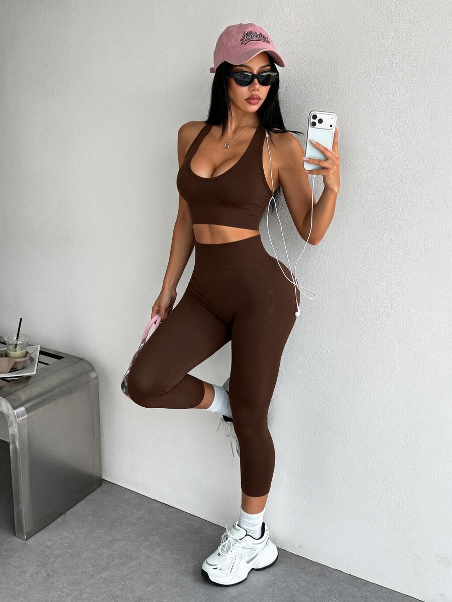 Dewbera Dewbera 女式纯色简约休闲露背上衣和裤子运动套装