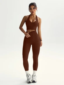 Dewbera Dewbera 女式纯色简约休闲露背上衣和裤子运动套装 - 棕色 - 查看 7