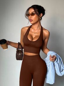 Dewbera Dewbera 女式纯色简约休闲露背上衣和裤子运动套装 - 棕色 - 查看 3