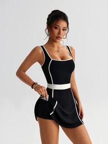 Dewbera Dewbera 1pc Women's Sports Dress With Lining, Black And White, Fitted, Suitable For Running, Fitness, Workout, Yoga Cocktail Party Summer Sexy Elegant - Black - View 7