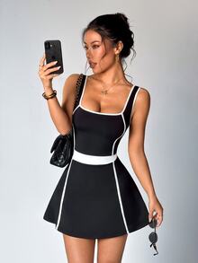 Dewbera Dewbera 1pc Women's Sports Dress With Lining, Black And White, Fitted, Suitable For Running, Fitness, Workout, Yoga Cocktail Party Summer Sexy Elegant - Black - View 3