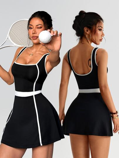 Dewbera Dewbera 1pc Women's Sports Dress With Lining, Black And White, Fitted, Suitable For Running, Fitness, Workout, Yoga Cocktail Party Summer Sexy Elegant