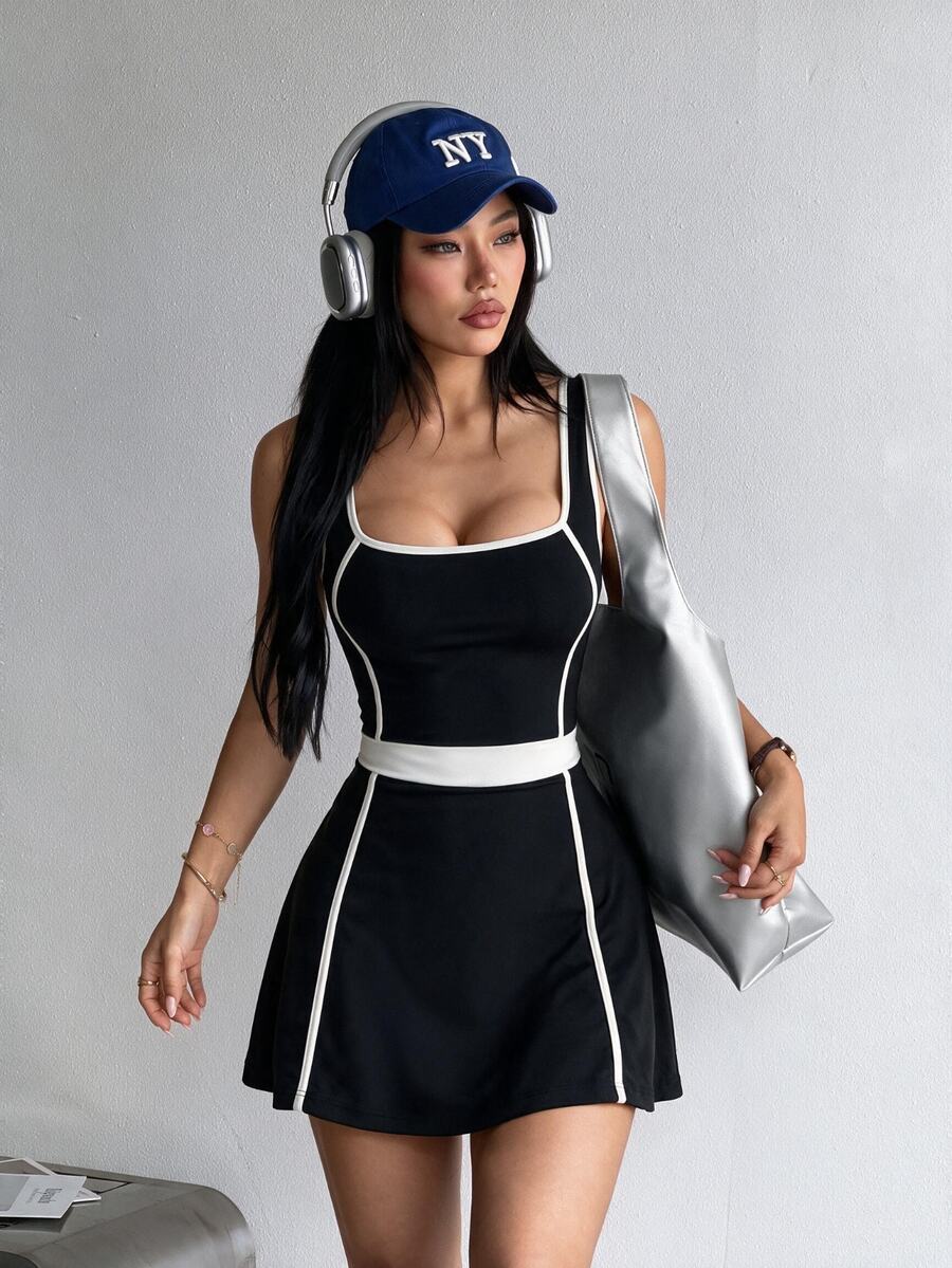 Dewbera Dewbera 1pc Women's Sports Dress With Lining, Black And White, Fitted, Suitable For Running, Fitness, Workout, Yoga Cocktail Party Summer Sexy Elegant - Black - View 1