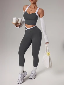 Dewbera Dewbera 1 Set Gray Seamless Sports Set, Sleeveless Backless, Soft & Comfortable Fitted, Suitable For Workout, Running, Casual, Yoga - Dark Grey - View 7