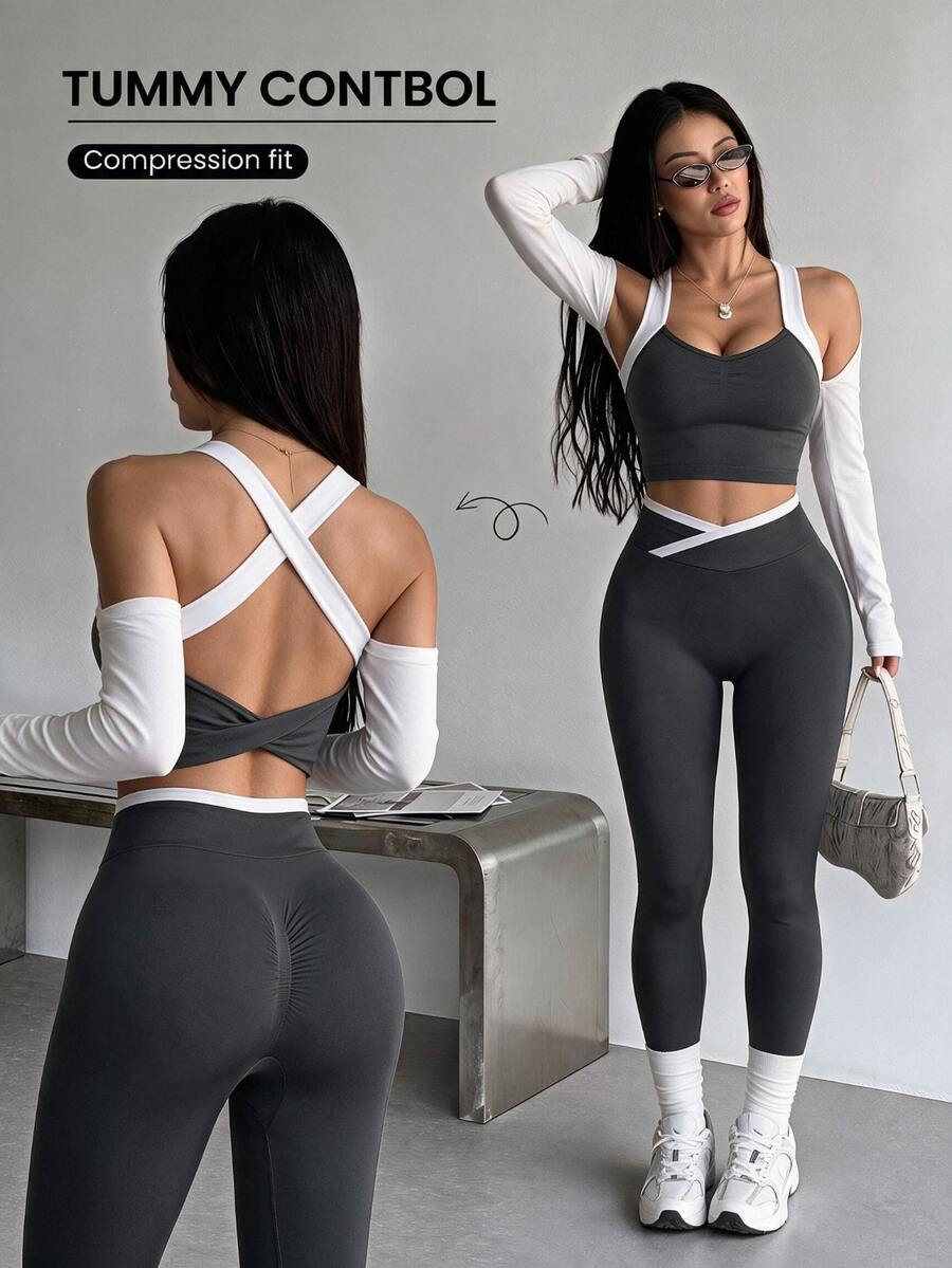 Dewbera Dewbera 1 Set Gray Seamless Sports Set, Sleeveless Backless, Soft & Comfortable Fitted, Suitable For Workout, Running, Casual, Yoga