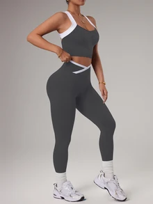Dewbera Dewbera 1 Set Gray Seamless Sports Set, Sleeveless Backless, Soft & Comfortable Fitted, Suitable For Workout, Running, Casual, Yoga - Dark Grey - View 6
