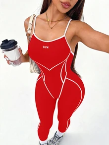 Dewbera Dewbera Contrast Color Trim Spaghetti Strap Sleeveless Casual Sporty Athletic Slim Fit Jumpsuit Gym Red And White Summer - Red - View 3