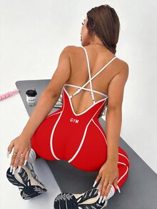 Dewbera Dewbera Contrast Color Trim Spaghetti Strap Sleeveless Casual Sporty Athletic Slim Fit Jumpsuit Gym Red And White Summer - Red - View 7