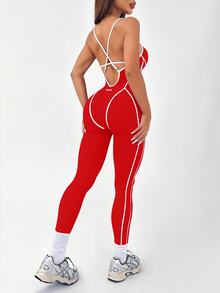 Dewbera Dewbera Contrast Color Trim Spaghetti Strap Sleeveless Casual Sporty Athletic Slim Fit Jumpsuit Gym Red And White Summer - Red - View 6