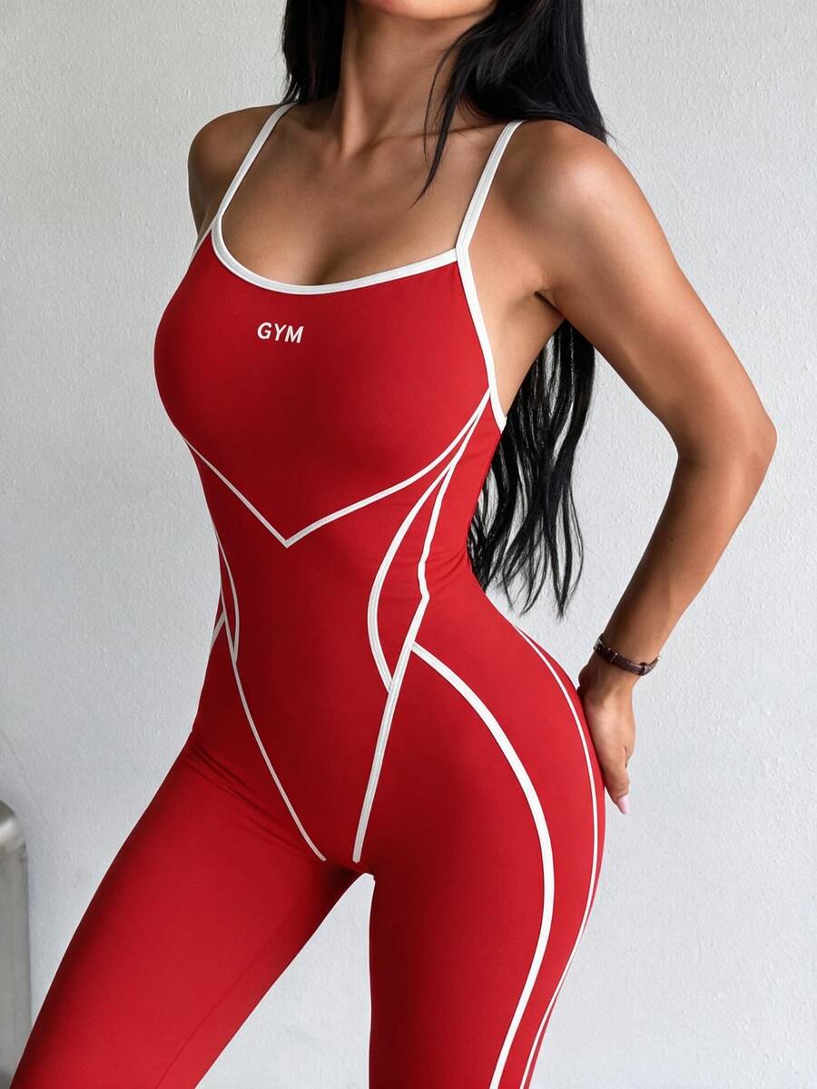 Dewbera Dewbera Contrast Color Trim Spaghetti Strap Sleeveless Casual Sporty Athletic Slim Fit Jumpsuit Gym Red And White Summer