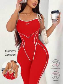 Dewbera Dewbera Contrast Color Trim Spaghetti Strap Sleeveless Casual Sporty Athletic Slim Fit Jumpsuit Gym Red And White Summer - Red - View 4