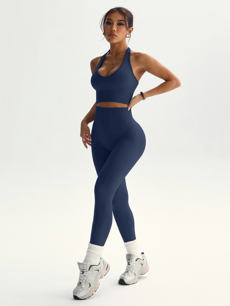 Dewbera Dewbera Women's Solid Color Halter Sleeveless Cropped Fitted Casual Fitness Sportswear Set Ribbed Workout Set Navy Workout Set 2 Piece Sets Woman Active - Dusty Blue - View 9