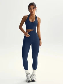 Dewbera Dewbera Women's Solid Color Halter Sleeveless Cropped Fitted Casual Fitness Sportswear Set Ribbed Workout Set Navy Workout Set 2 Piece Sets Woman Active - Dusty Blue - View 7