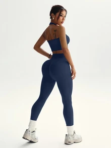 Dewbera Dewbera Women's Solid Color Halter Sleeveless Cropped Fitted Casual Fitness Sportswear Set Ribbed Workout Set Navy Workout Set 2 Piece Sets Woman Active - Dusty Blue - View 8