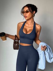 Dewbera Dewbera Women's Solid Color Halter Sleeveless Cropped Fitted Casual Fitness Sportswear Set Ribbed Workout Set Navy Workout Set 2 Piece Sets Woman Active - Dusty Blue - View 3