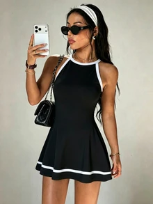 Dewbera Dewbera 2pcs Spring/Summer Women's Sports Dress, Color Block Halter Neck, Back Strap With Buckle, Hollow Out Sleeveless, Color Block Striped Hem, Detachable Inner Shorts And Pockets, Suitable For Daily Casual, Running, Yoga, Gym, Tennis, Golf - Black - View 7