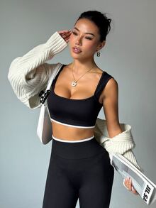 Dewbera Dewbera 女款極簡保守運動風對比滾邊無鋼圈運動內衣與緊身褲套裝 健身房穿著 黑白配色 夏季 - 黑色 - 查看 6